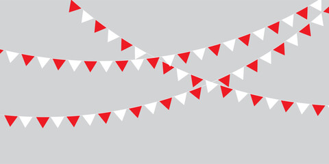 Fototapeta premium Bunting flags, carnival party flags, white and red festive pennants hanging on a rope. Festival vector decoration. EPS 10.