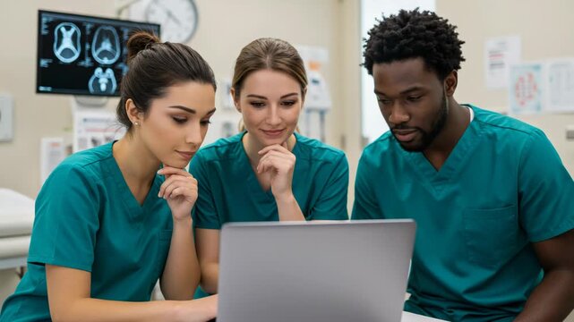 Three medical professionals in teal scrubs are smiling and looking at a laptop screen together