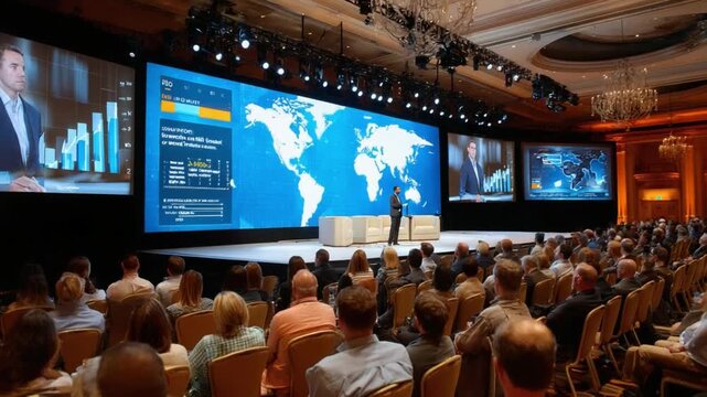 Global Conference in Session: Capturing the atmosphere of a dynamic global conference. A presenter commands the stage, surrounded by digital displays featuring world maps, charts.