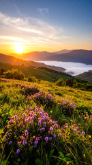 Fototapeta premium Golden Sunrise Over Mountains: A breathtaking vista unfolds as the sun ascends over majestic mountains, casting a warm glow across a valley filled with a sea of mist, wildflowers in foreground.