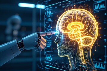 x-default AI Brain Scan: Robotic Hand Interacts with Digital Brain Model