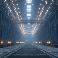 Dark industrial tunnel, lit by glowing lights