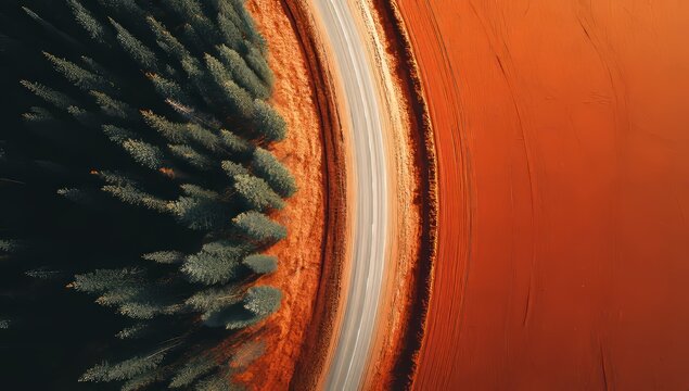 A serpentine road forks into two disparate landscapes, one teeming with lush forest and the other characterized by arid desert, embodying the consequences of climate change and environmental damage