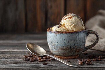 Melting coffee ice cream in rustic cup with roasted beans