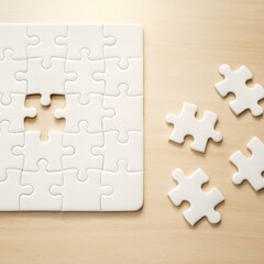 Fototapeta premium Minimalistic White Puzzle with Missing Pieces on Wooden Surface for Concept of Problem Solving and Teamwork in Creative Settings