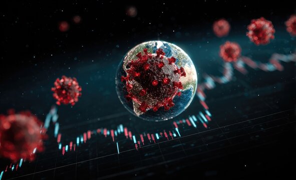 Earth, virus, stock charts, global crisis