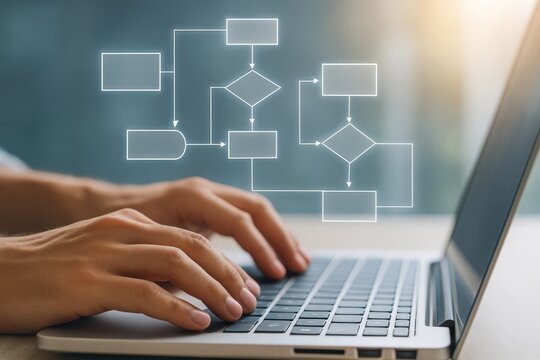 Hands on Laptop Creating Flowchart for Business Analysis and Decision Making Process in Modern Office Environment with Digital Overlay Graphic