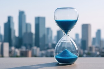 Sand Timer with Blue Sand Against a City Skyline in Soft Focus, Representing Time Management and Urban Lifestyle