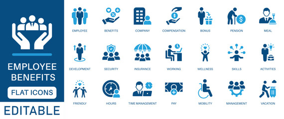 Employee Benefits Icon Set. featuring company perks like compensation, insurance, wellness, vacation, time management, pension, and more. Perfect for HR, business, and corporate visuals.