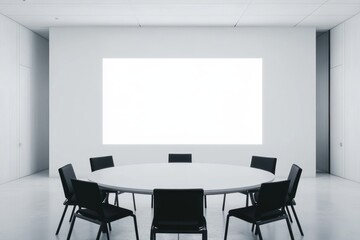 Minimalist Meeting Room with Whiteboard and Black Chairs, Perfect for Business Presentations and Corporate Gatherings