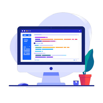 Modern desktop computer workstation with a code editor on screen, a mouse, and a plant. Flat vector illustration of a programmer's desk.