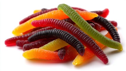 An isolated gummy worm candy is photographed on a white background, capturing the entire subject in sharp focus