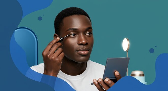 Young man applying eyeliner with a mirror beauty and self-expression.