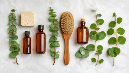 The table setting showcases an assortment of natural health products and wellness tools, including wooden brushes and herbal capsules, surrounded by green plants and complemented by leaves, jars, and