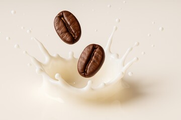 Coffee beans splash in milk creating dynamic motion, highlighting freshness, taste, and beverage culture in a minimalist and elegant composition