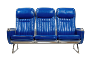 Three blue leather airline seats with silver frame, isolated on white background, showing vertical channel tufting and headrests
