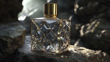 Dramatic studio lighting highlights a crystal glass perfume bottle with golden details, resting on a stone platform as a luxury fragrance product for advertisement and design