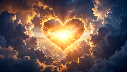 Heavenly Heart in the Sky: A luminous heart formed by clouds, radiating a warm, golden glow against a backdrop of a dramatic cloudy sky, embodies love and warmth.