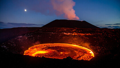 Lava Lake at Dusk: Witness the raw power of nature as a glowing lava lake boils and churns within a volcanic crater under the twilight sky. A plume of smoke rises.