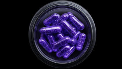 A health concept is represented by purple capsules contained in a transparent vessel, dramatically lit on a black backdrop
