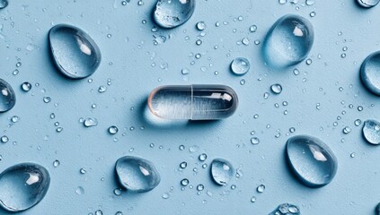 The image is a close-up of blue gel capsules on a blue background, with room for including text