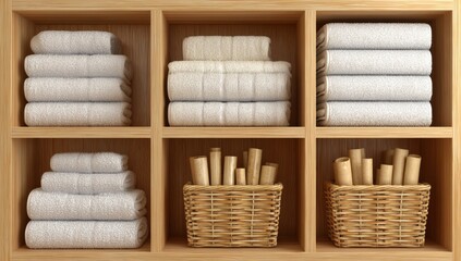 The modern design of a white wardrobe with open shelves creates a clean interior aesthetic, where organized items like folded white towels serve as decor, illustrating a home decor concept that