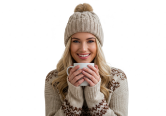 Woman in winter hat holding a mug isolated on transparent background