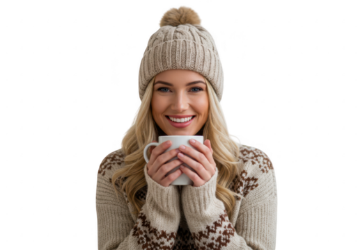 Woman in winter hat holding a mug isolated on transparent background