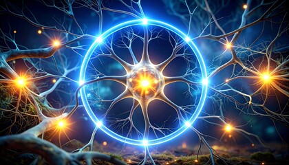 Neuron Cell Network with Glowing Light and Blue Circle