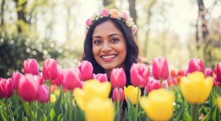 Fototapeta premium Joyful woman with floral headband smiling amidst vibrant tulip garden on a sunny day