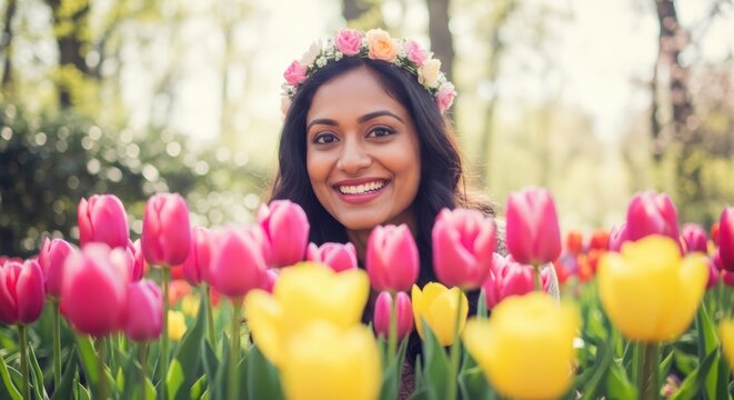 Joyful woman with floral headband smiling amidst vibrant tulip garden on a sunny day