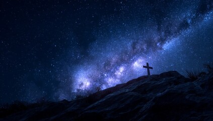 Obraz premium Against the Backdrop of a Milky Way Sky, a Cross Stands in Silhouette on Rocky Terrain, Signifying Faith, Spirituality, and Hope Amidst Hardship, Appropriate for Religious Contexts