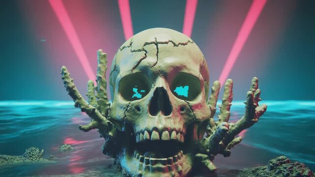 Skull rotates, bobs with ripples and neon pink light