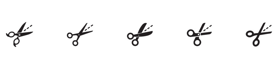 Scissors cut lines black symbols set. Isolated scissor cutting paper with dotted line icons on white background. Coupon sales signs, packaging label concept. Vector illustration. EPS 10