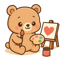 Fototapeta premium Cute Bear Painting on Canvas – Kawaii Animal Activity Vector Illustration