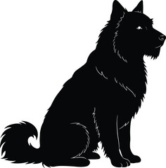 Silhouette of a Sitting Dog with Fluffy Fur and a Bushy Tail on White
