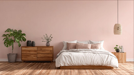 Minimalist bedroom with soft pink walls and wooden furniture 2