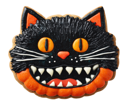 Black cat shaped Halloween cookie with orange eyes, sharp white teeth, and orange icing details, isolated on transparency background, festive and playful design for holiday celebration