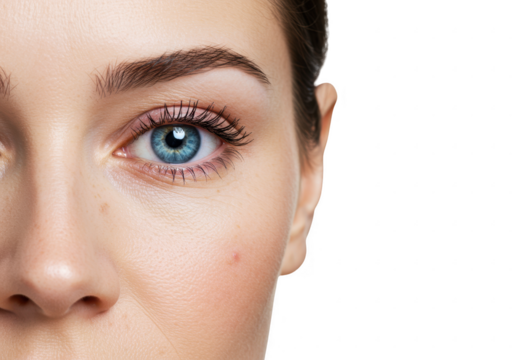 Close up of a woman s blue eye with makeup isolated on transparent background