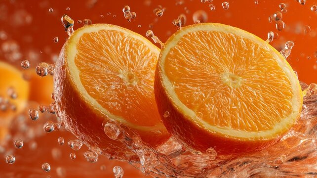 Sliced orange splash on vibrant background. Neural network AI generated - Powered by Adobe