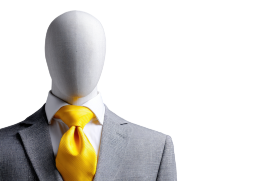 Mannequin in a gray suit, yellow tie.  Blank, anonymous, business style