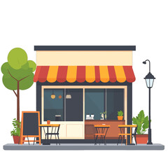 Obraz premium Cozy street cafe storefront with a red and yellow striped awning and outdoor seating area.