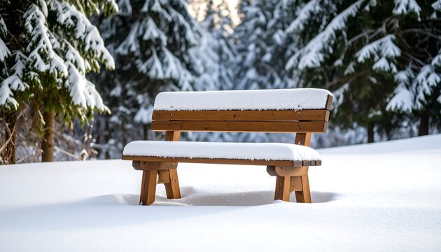 Snowy park bench in a winter forest
