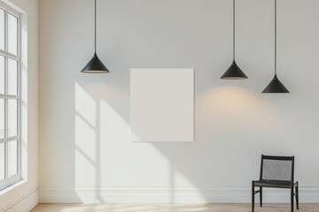 Fototapeta premium Elegant Scandinavian Interior with Blank Canvas and Chic Lighting Fixtures
