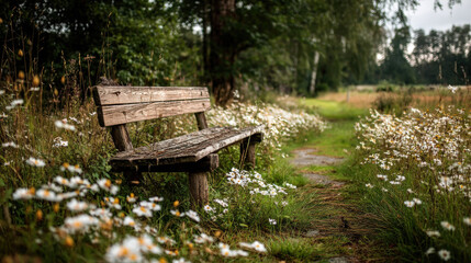 A weathered wooden bench invites rest alongside a flower-lined path in a serene natural setting.