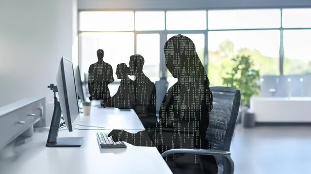Office workers disappeared by AI.
Silhouetted office workers fill up with code. They and their equipment and their chairs then disappear leaving an empty room.