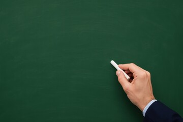 Hand Holding White Chalk Preparing to Write on Empty Green Chalkboard in Classroom Environment Ready for Education and Learning Activities