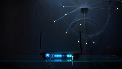 Modern Wireless Router, Futuristic Network, Dark Blue Aesthetic, Illuminated Connections, High-Tech Concept.