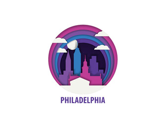 Philadelphia paper cut, cityscape crafted vector illustration. Origami, layered art of USA, Pennsylvania state city with skyline, buildings, landscape shape for sticker, badge, web, print