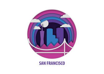 San Francisco paper cut, cityscape crafted vector illustration. Origami, layered art of USA, California state city with skyline, buildings, landscape shape for sticker, badge, web, print
